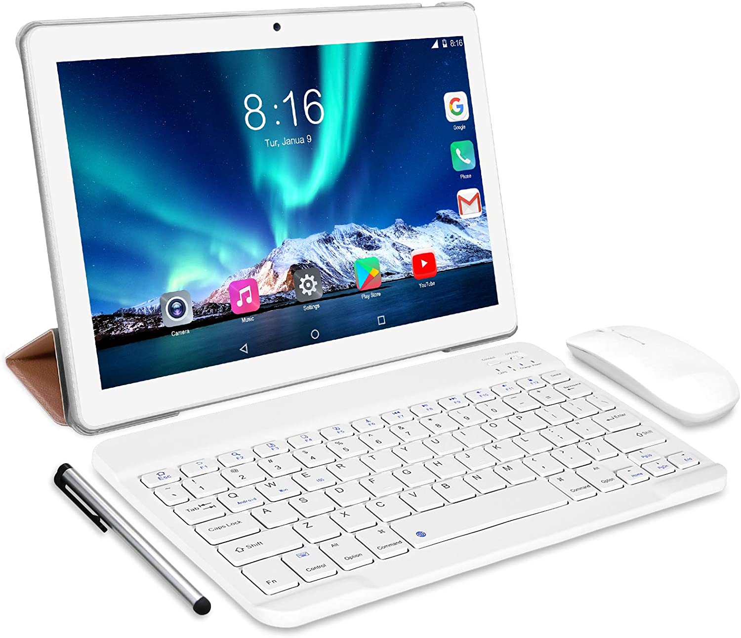 平板电脑10英寸8核-经谷歌GMS 4G LTE平板电脑认证的TOSCIDO Android 10.0、4 GB RAM和64 GB ROM、双SIM卡、GPS、WiFi、蓝牙键盘、鼠标、平板电脑外壳等–银色